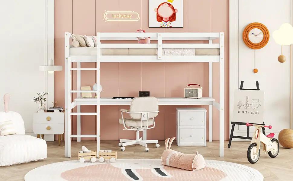 Twin loft wood bed with white frame and underbed desk and drawers beige rolling chair on Tampa Home & Garden Store