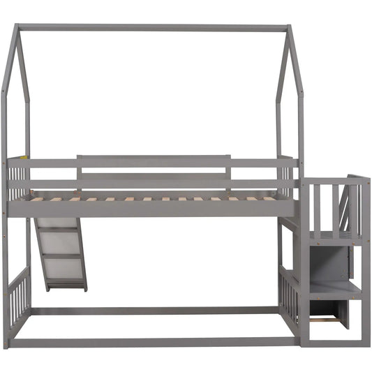 Twin Over Twin House Bunk Bed With Slide Gray metal frame with built in ladder on Tampa Home & Garden Store