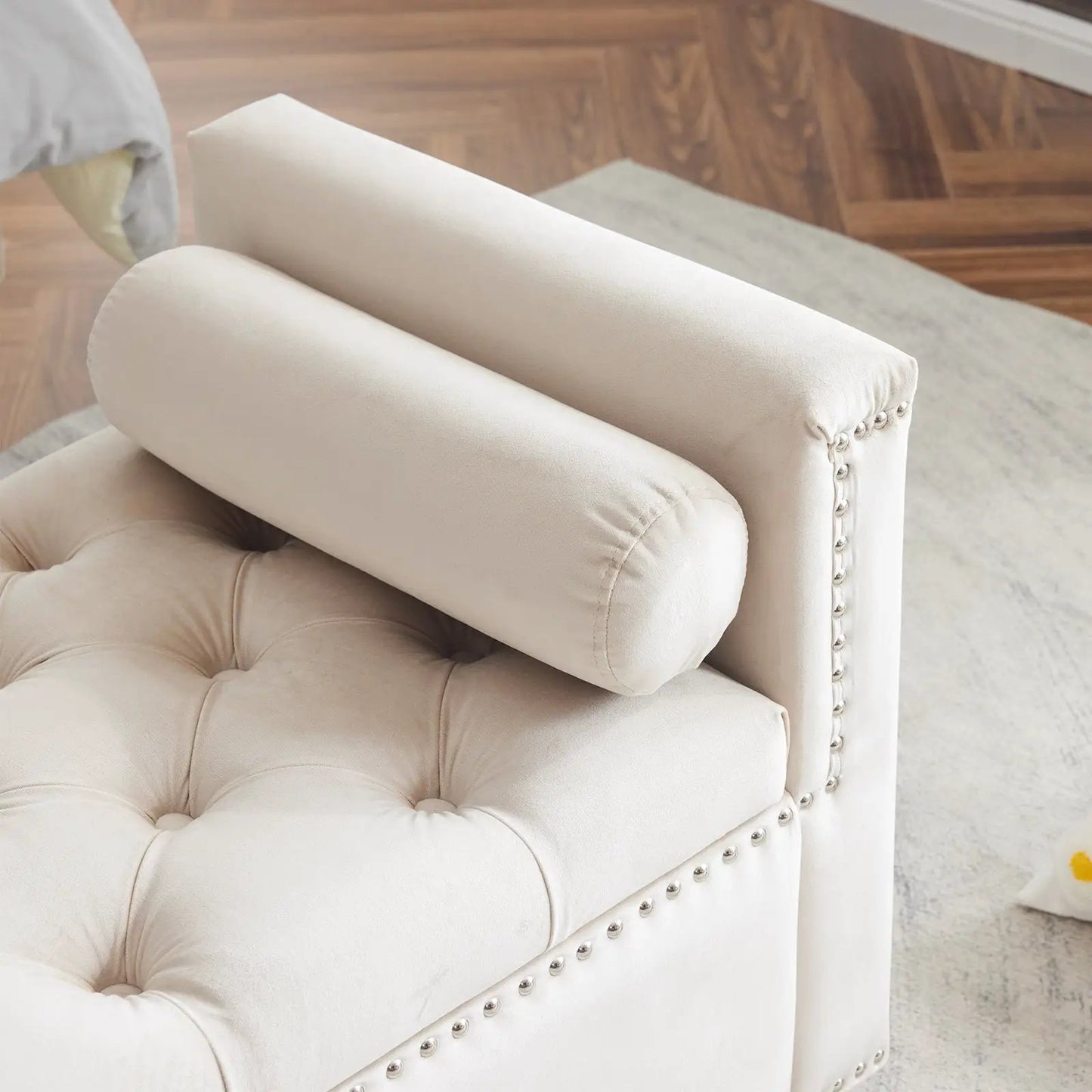 Cream white velvet storage bench with armrests and nailhead trim on Tampa Home & Garden Store