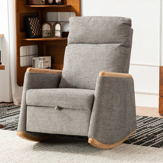 Accent Rocking Chair with Footrest in Rubber Wood, gray textured upholstery, wooden rockers on Tampa Home & Garden Store