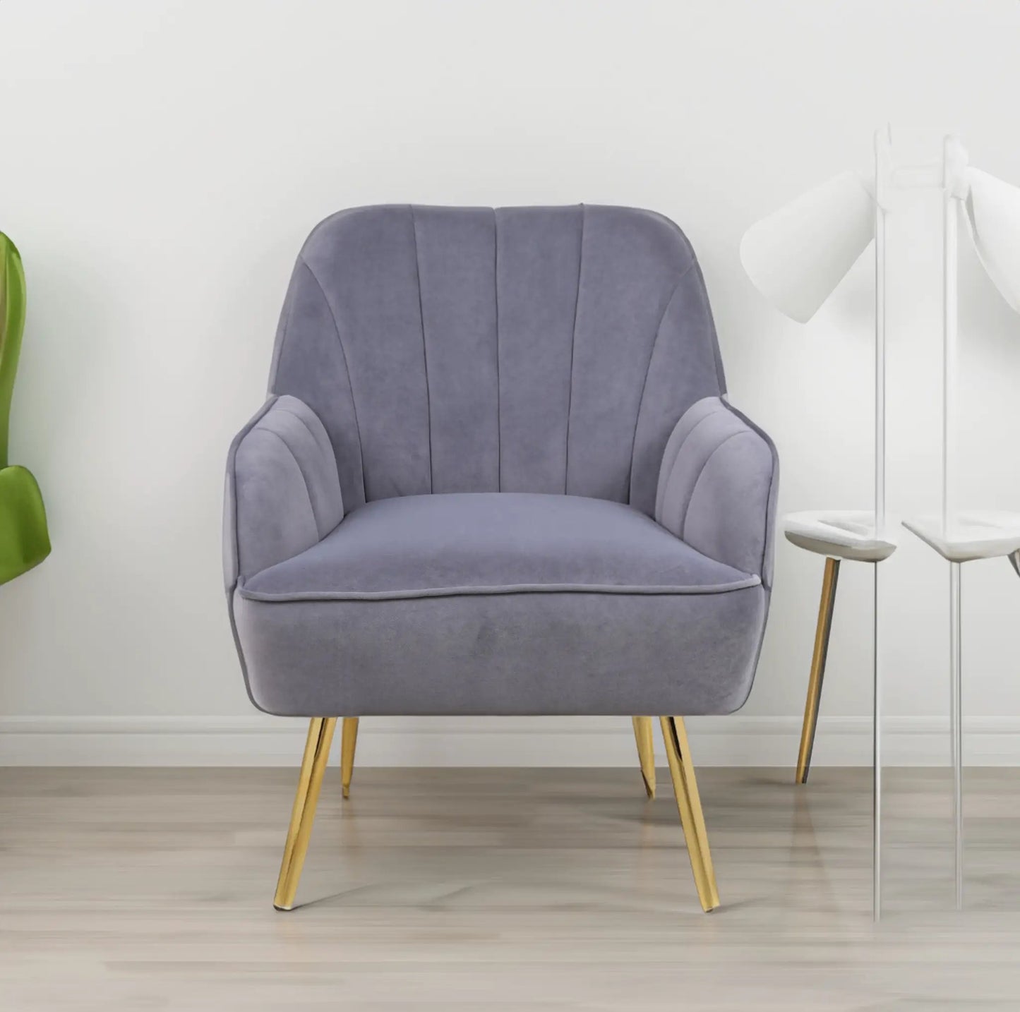 Modern Mid Century Velvet Sherpa Armchair in muted purple with gold-toned metal legs on Tampa Home & Garden Store