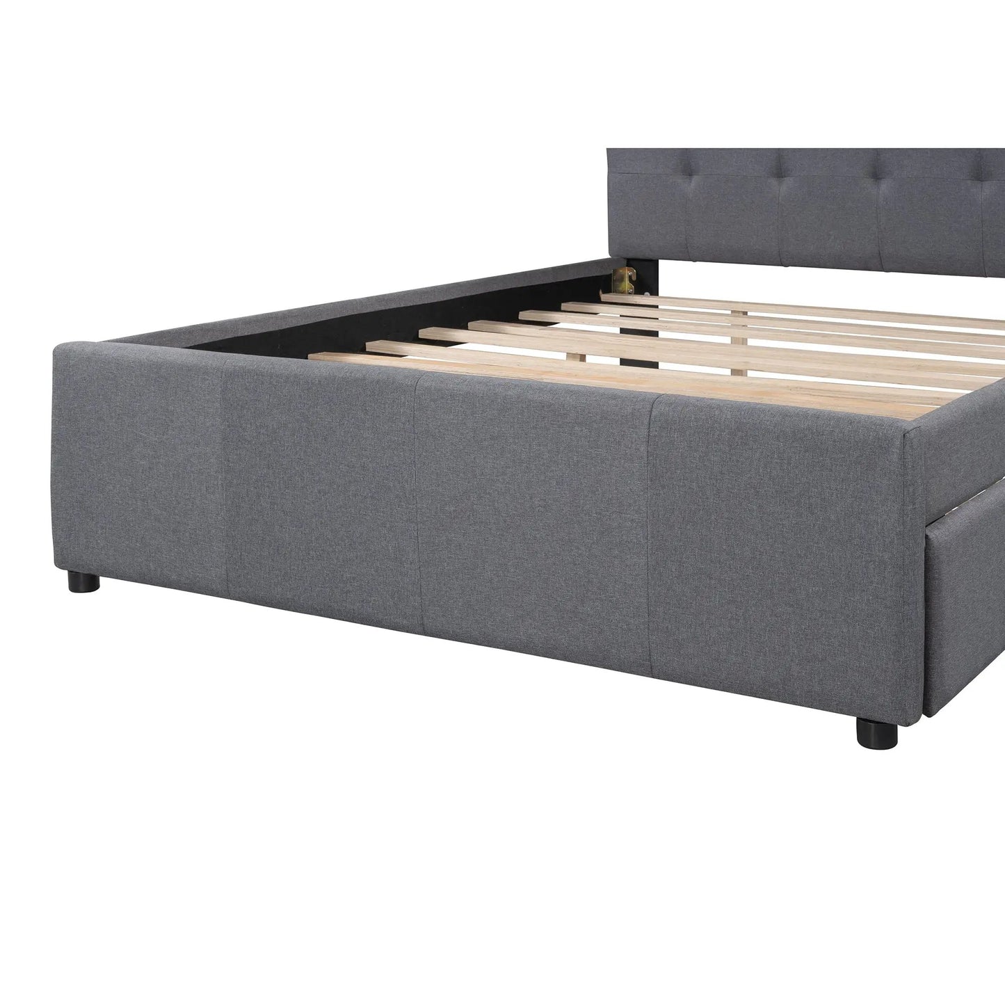 Linen upholstered platform bed frame with tufted gray headboard and visible wooden slats on Tampa Home & Garden Store