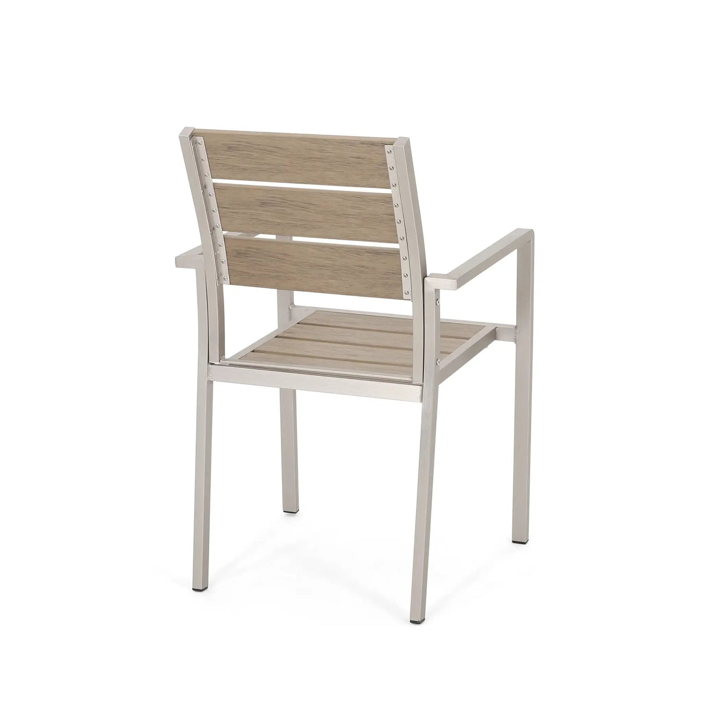 Silla de comedor moderna de aluminio para exterior con asiento de imitación madera (Juego de 2), natural y plateado