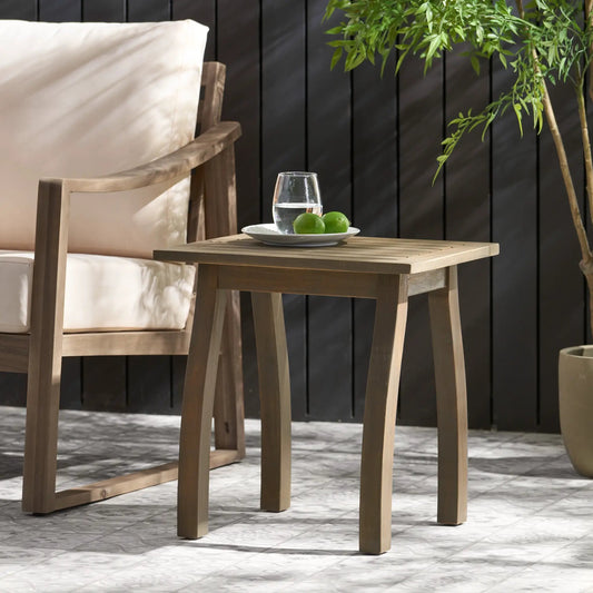 Selma Grey Acacia End Table, modern grey wood with square legs, paired with a glass and limes on Tampa Home & Garden Store