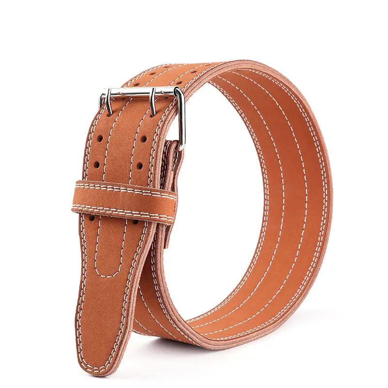 Tan leather weightlifting belt for men and women with white stitching and silver buckle on Tampa Home & Garden Store
