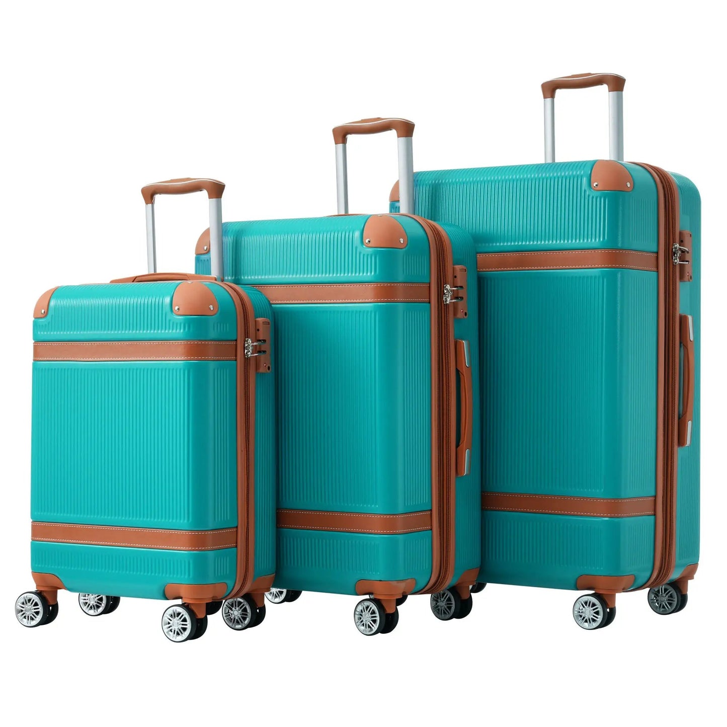 Green ABS 3-Piece hardshell luggage set with teal bodies and brown trim, spinner wheels on Tampa Home & Garden Store