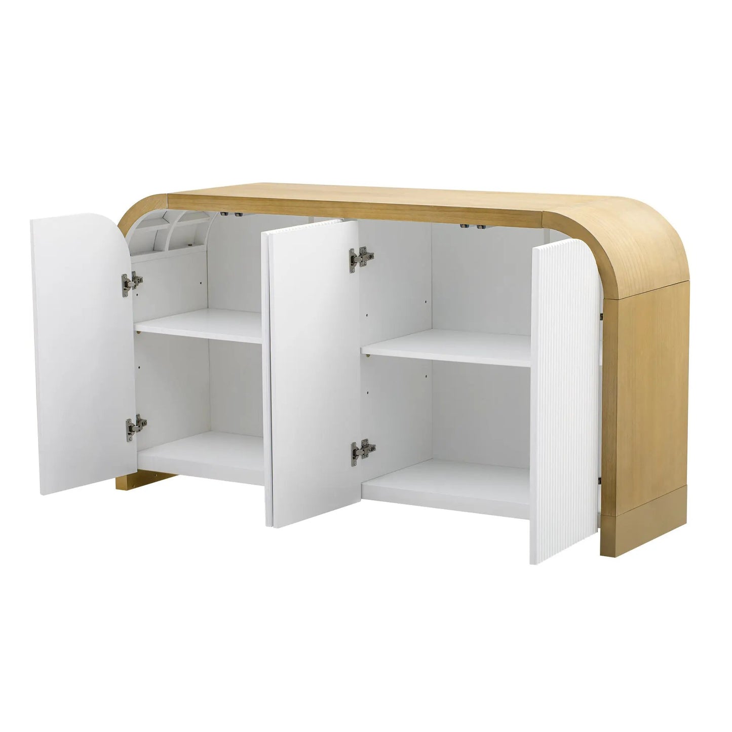 U-Style 4-Door Curved Corner Cabinet with natural wood top and white interior doors on Tampa Home & Garden Store