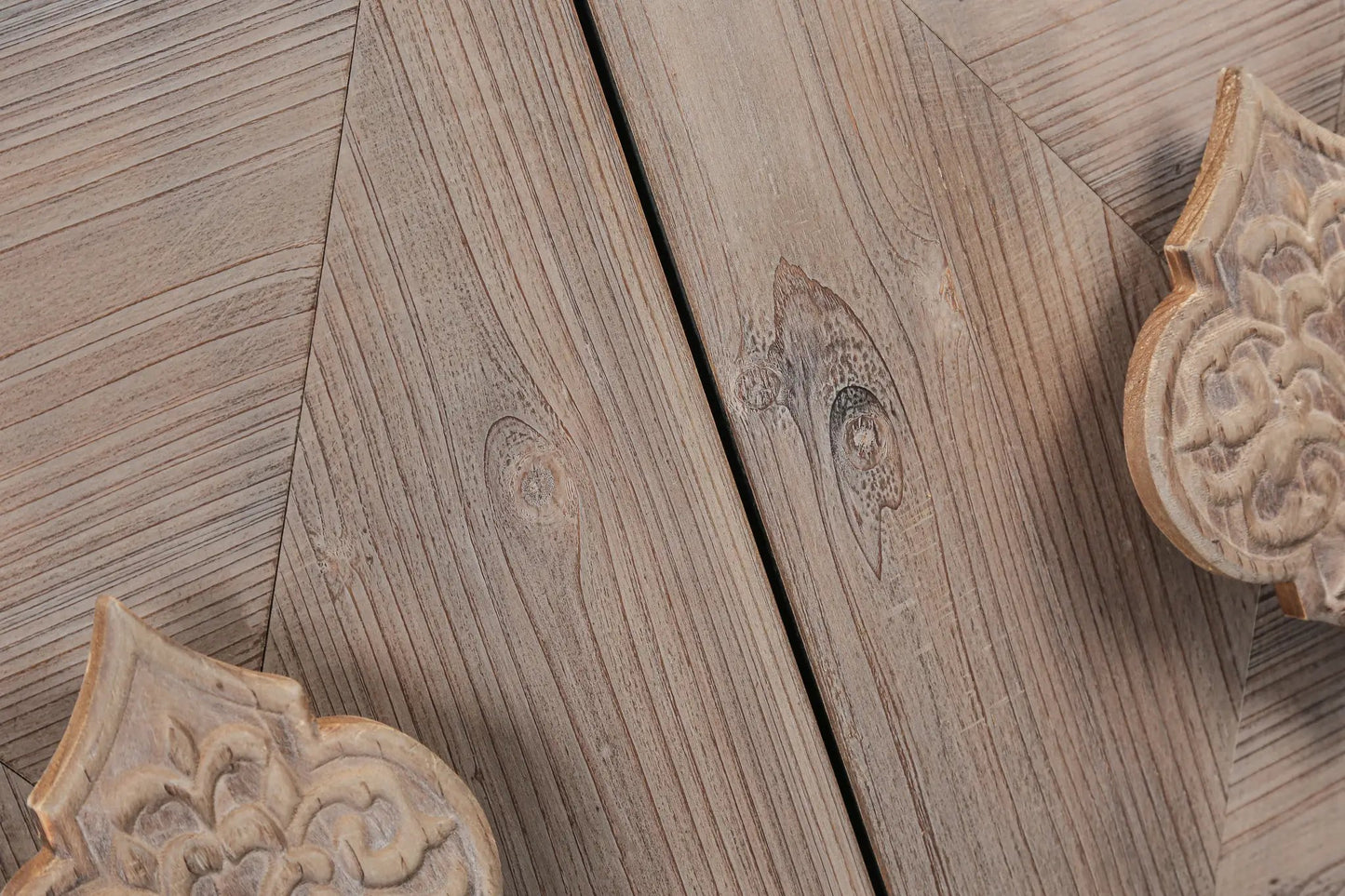 Carved flower door handle for antique cabinet in natural wood finish on Tampa Home & Garden Store