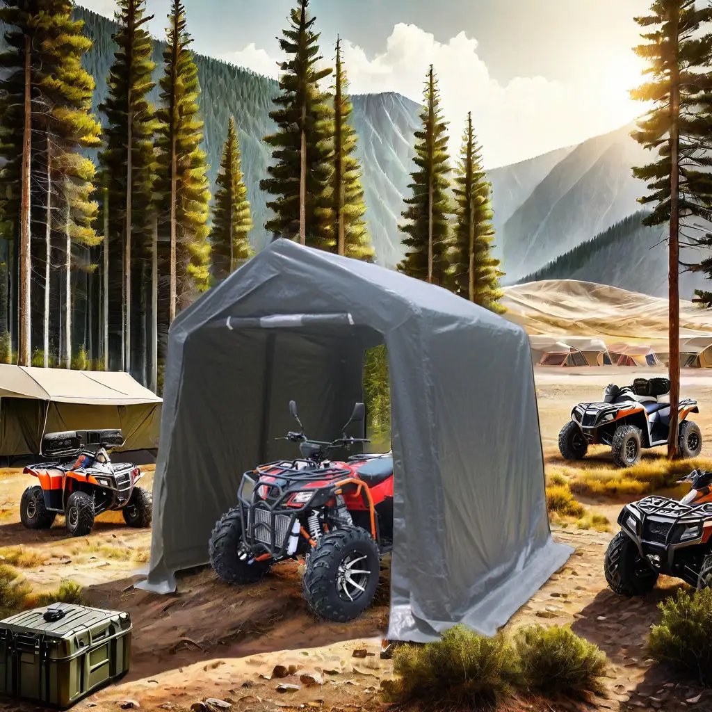 7x12 ft Outdoor Gazebo Carport with Roll Up Doors gray shelter over 4 ATVs at a campsite on Tampa Home & Garden Store