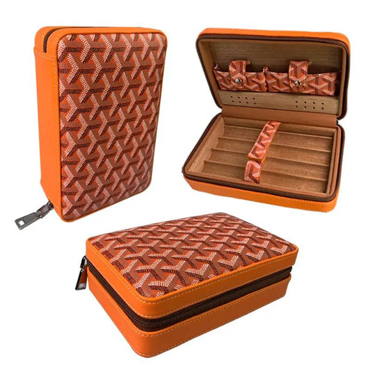 Carved Cedar Wood Cigar Box Gaoxiba with orange exterior and wood interior with cigar slots on Tampa Home & Garden Store