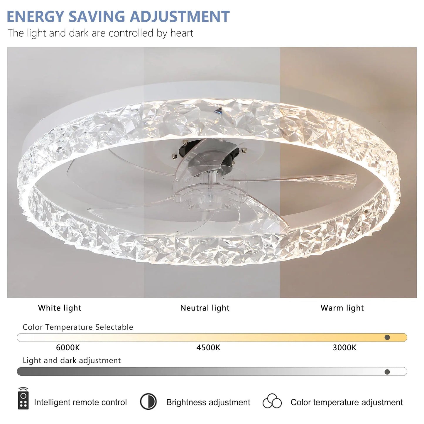 Modern acrylic ceiling fan light with remote, crystal ring diffuser on Tampa Home & Garden Store