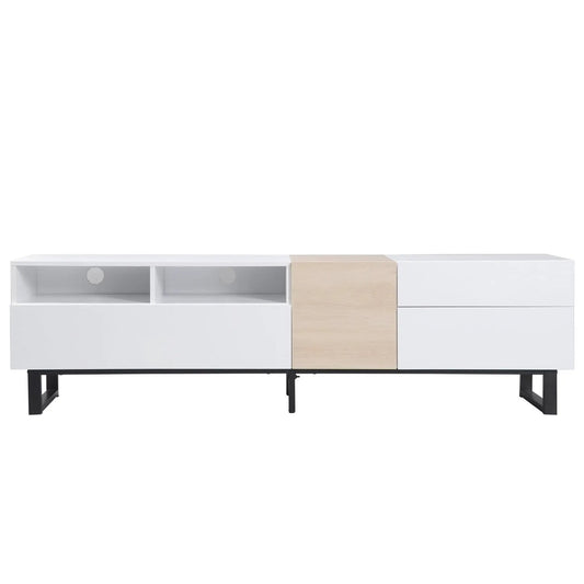TV stand for 80 inch TV with double storage, white body and natural wood panel on Tampa Home & Garden Store