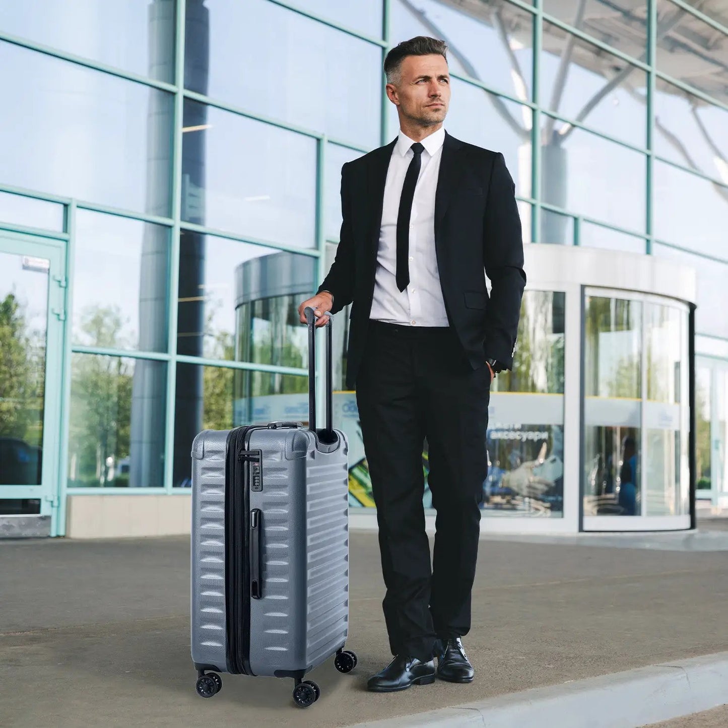 Expandable ABS+PC 3-Piece luggage set with spinner wheels; silver hardcase with expansion feature on Tampa Home & Garden Store
