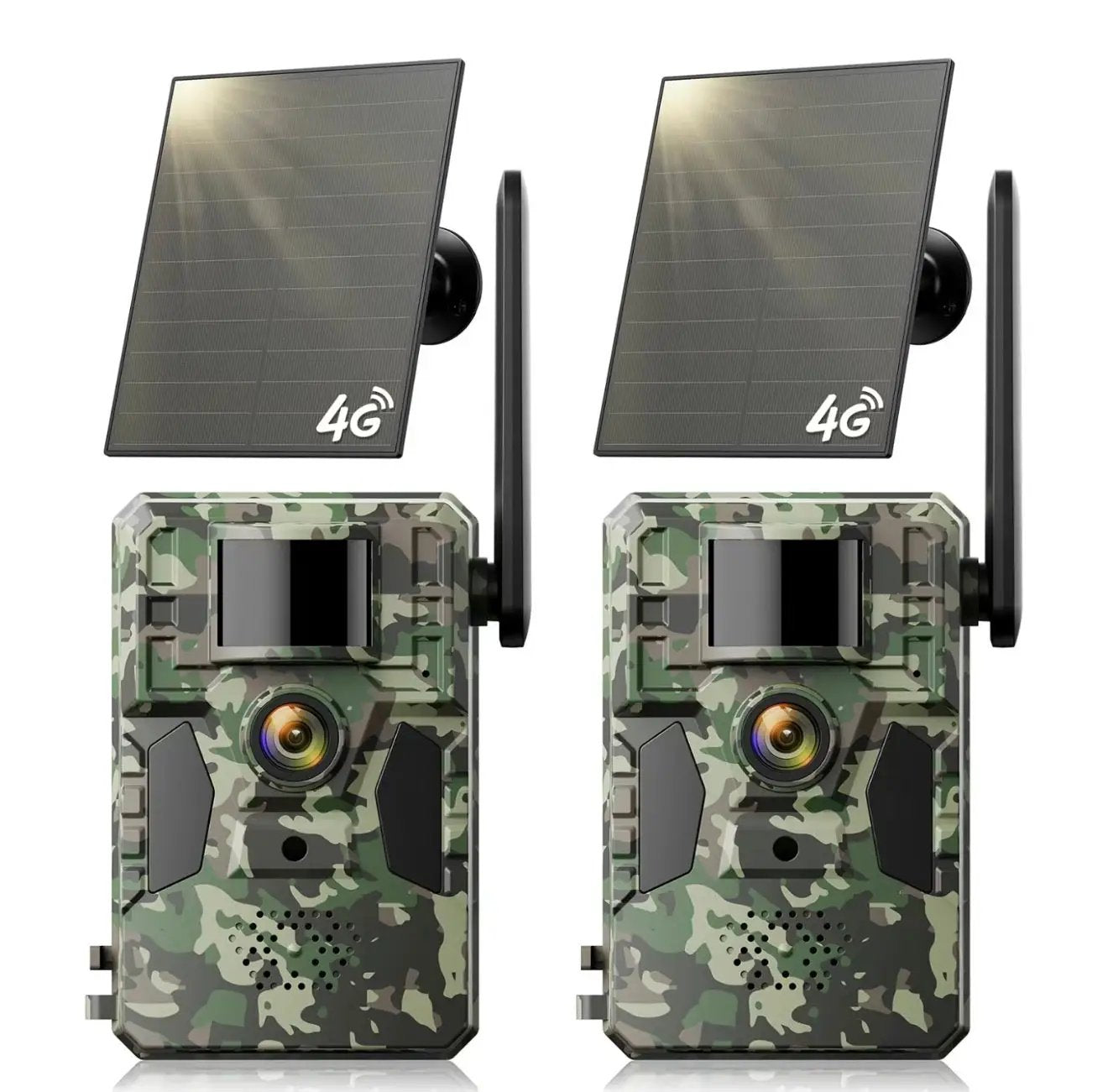 SolarGuard 4G LTE outdoor surveillance cameras pair with camo housings and solar panels on Tampa Home & Garden Store