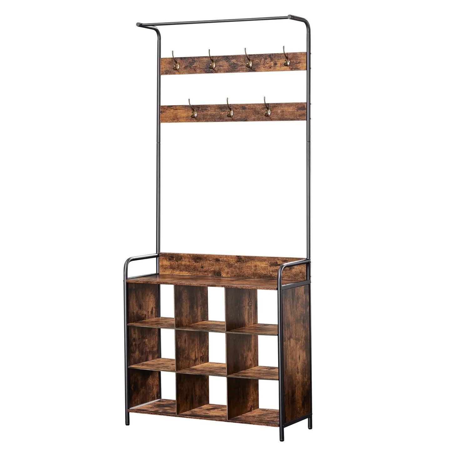 Coat rack hall tree 3-in-1 with wood panels and metal frame, 12 hooks, shoe shelf on Tampa Home & Garden Store