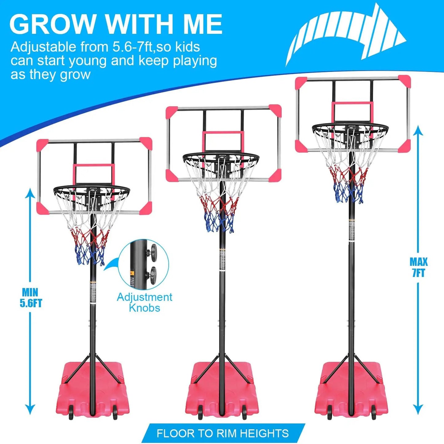 Sistema de canasta de baloncesto portátil con base estable y ruedas para uso en interiores y exteriores para adolescentes y jóvenes