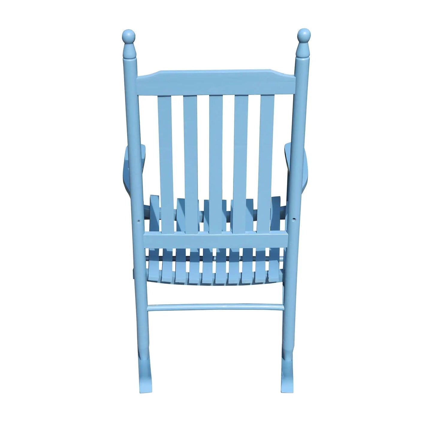 Blue solid wood porch rocker back view with spindle slats and ball-top posts on Tampa Home & Garden Store