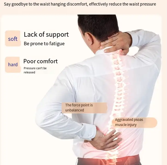 Back-pain infographic showing a man with a highlighted spine and notes on lack of support on Tampa Home & Garden Store