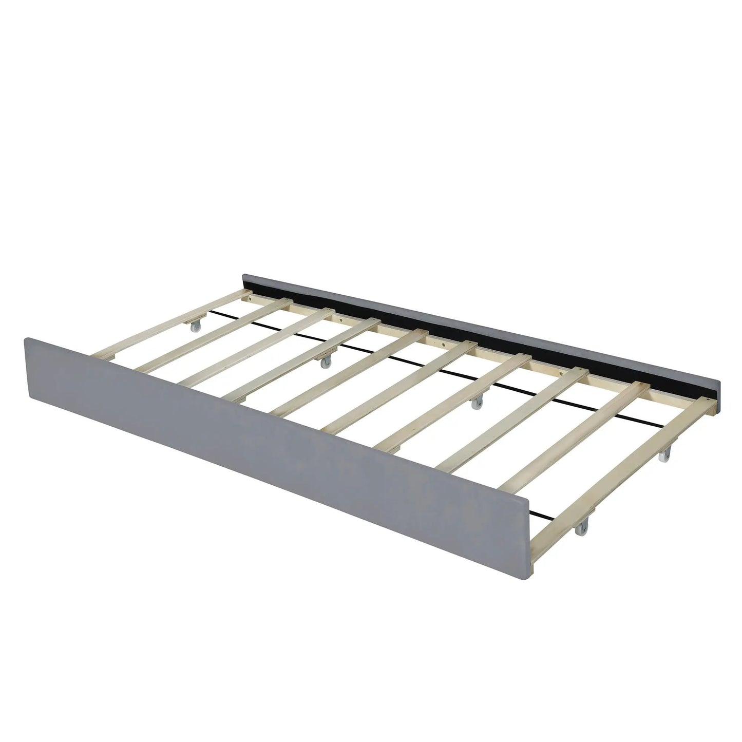 Queen platform bed frame with light wood slats and gray side panels on casters on Tampa Home & Garden Store