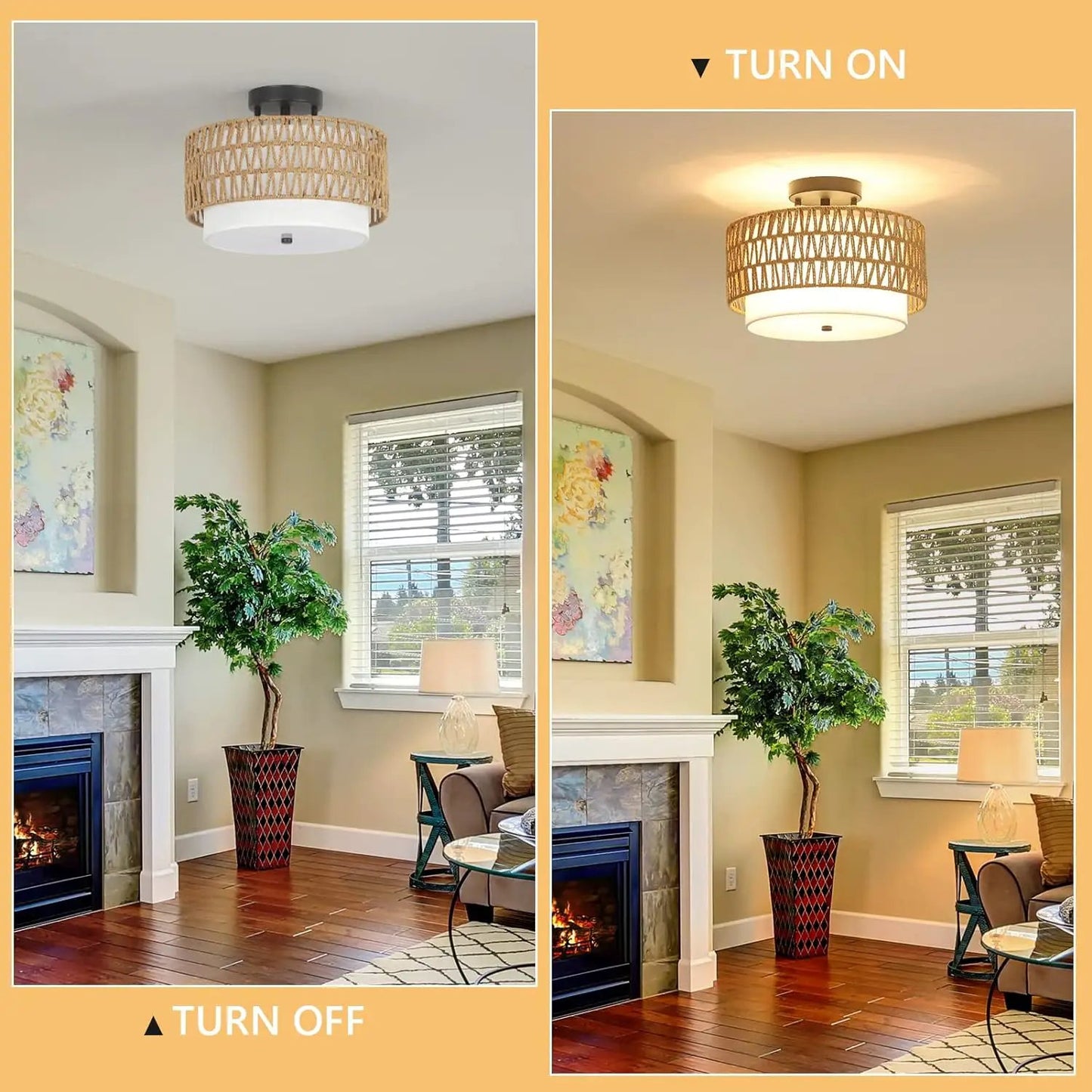 3 Light Semi Flush Mount Rattan Farmhouse Drum light, natural wicker with white diffuser on Tampa Home & Garden Store