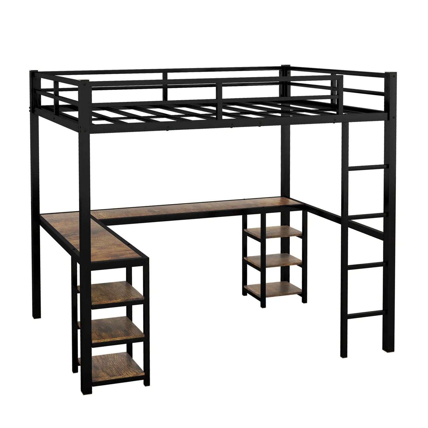Cama alta de metal con escritorio y estante, cama alta con escalera y barandilla, estructura de cama alta para dormitorio, negra
