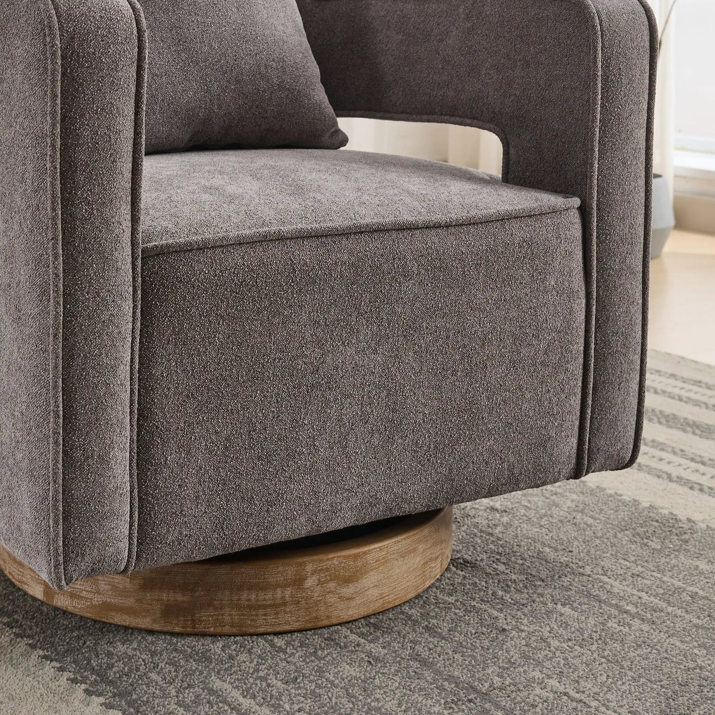 Swivel Accent Open Back Chair in dark gray textured fabric with weathered wood base on Tampa Home & Garden Store
