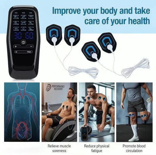 PainPulse 9-Mode Massager with black control unit and four blue electrode pads wired for relief on Tampa Home & Garden Store