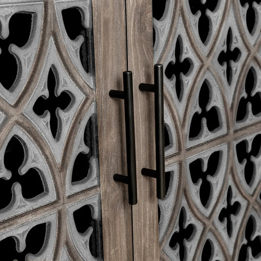 Hollow Four Door Antique Cabinet Country Style wooden cabinet with metal lattice panels on Tampa Home & Garden Store