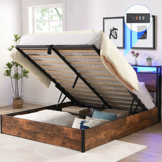 Lift Up Storage Bed Frame with Bookcase Headboard in brown wood and black metal on Tampa Home & Garden Store