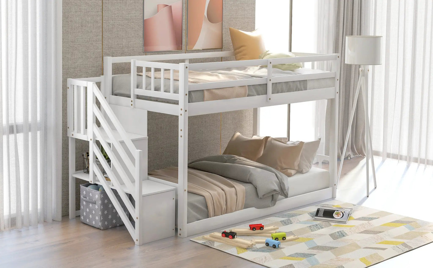 Twin-over-twin floor bunk bed in white with built-in storage and ladder in a bright kids' room on Tampa Home & Garden Store