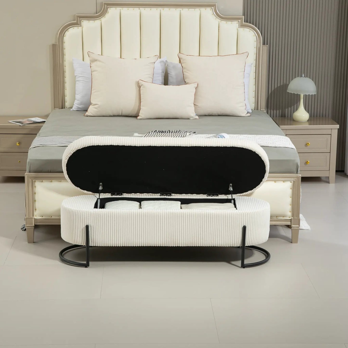 Coolmore Storage Ottoman with Safety Hinge in beige ribbed fabric at foot of bed with open lid on Tampa Home & Garden Store