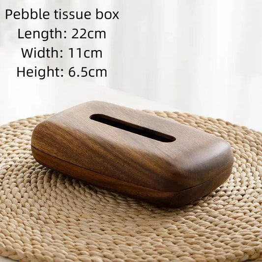 Solid walnut wood tissue box with rounded corners and top slot on a woven placemat on Tampa Home & Garden Store