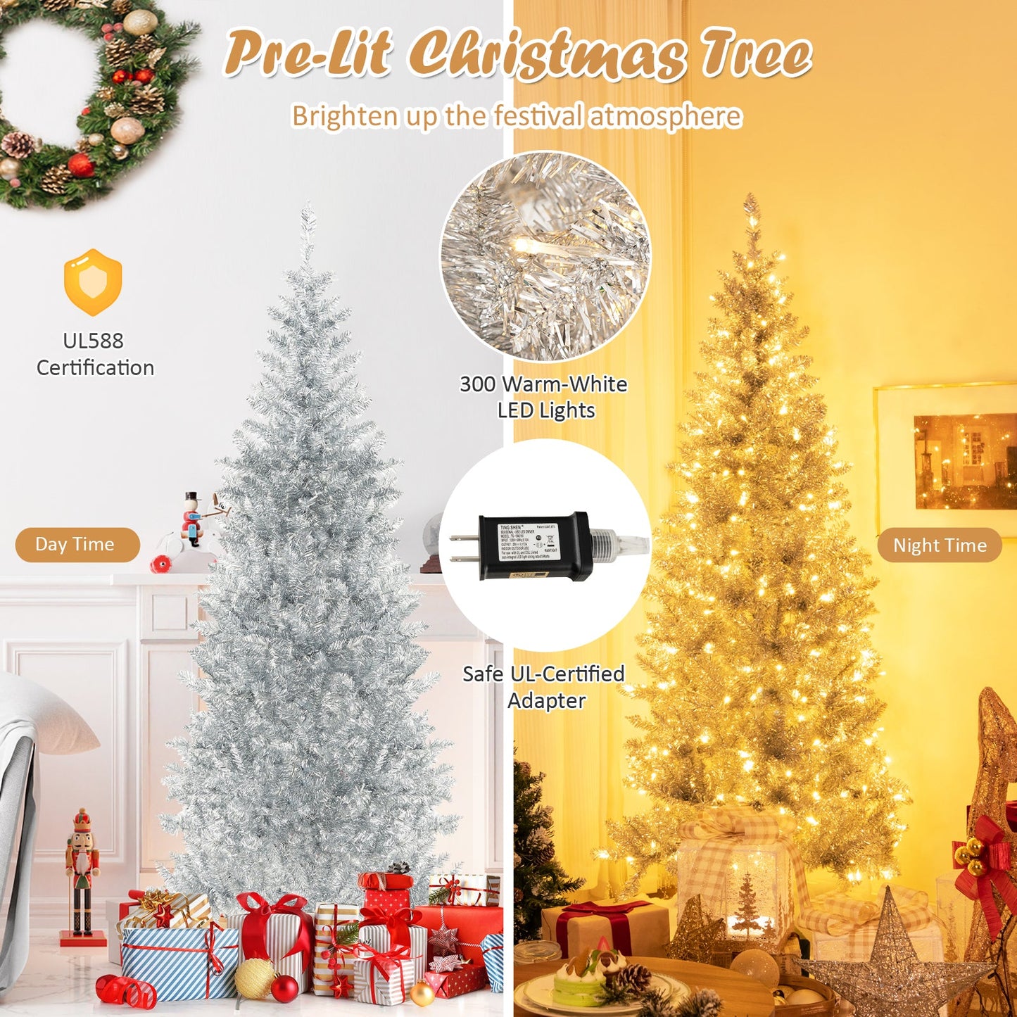 6/7 ft pre-lit silver tinsel Christmas tree with 300 warm-white LEDs and 790 tips DirectDeals on Tampa Home & Garden Store