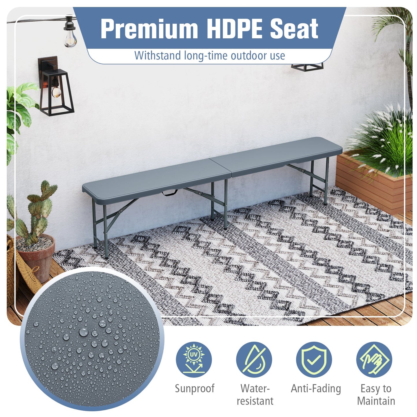 Banco plegable de plástico de 6 pies, asiento portátil con asa y cierre, color gris