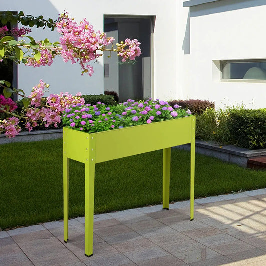 Metal raised garden bed lime green on legs with drainage holes on Tampa Home & Garden Store
