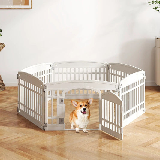 6-Panel Plastic Dog Playpen with Locking Door, white DirectDeals, open gate with corgi in front on Tampa Home & Garden Store