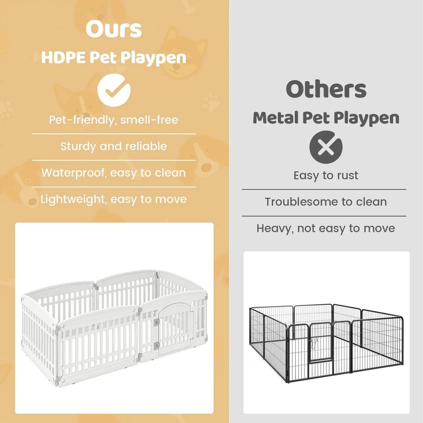 6-Panel Plastic Dog Playpen with Locking Door in white shown beside a metal pet playpen on Tampa Home & Garden Store