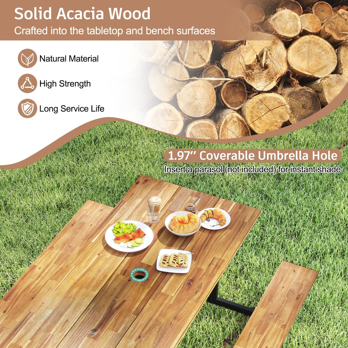 Mesa de pícnic de madera de acacia para 6 personas con 2 bancos incorporados