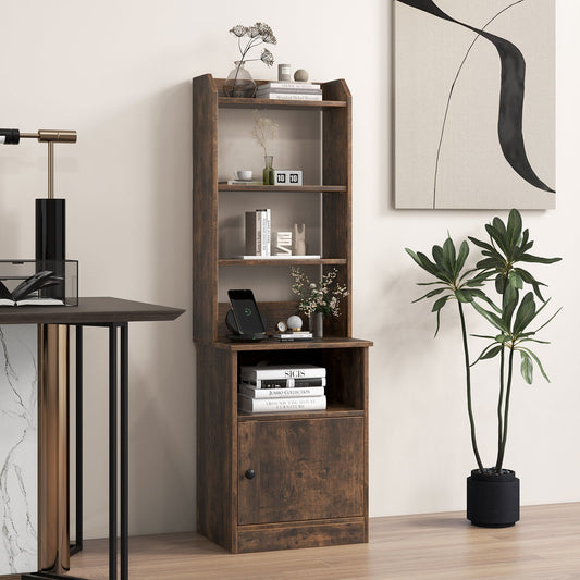 6-Tier Bookshelf Nightstand with Charging Station and Cabinet-Rustic Brown - Tampa Home & Garden Store
