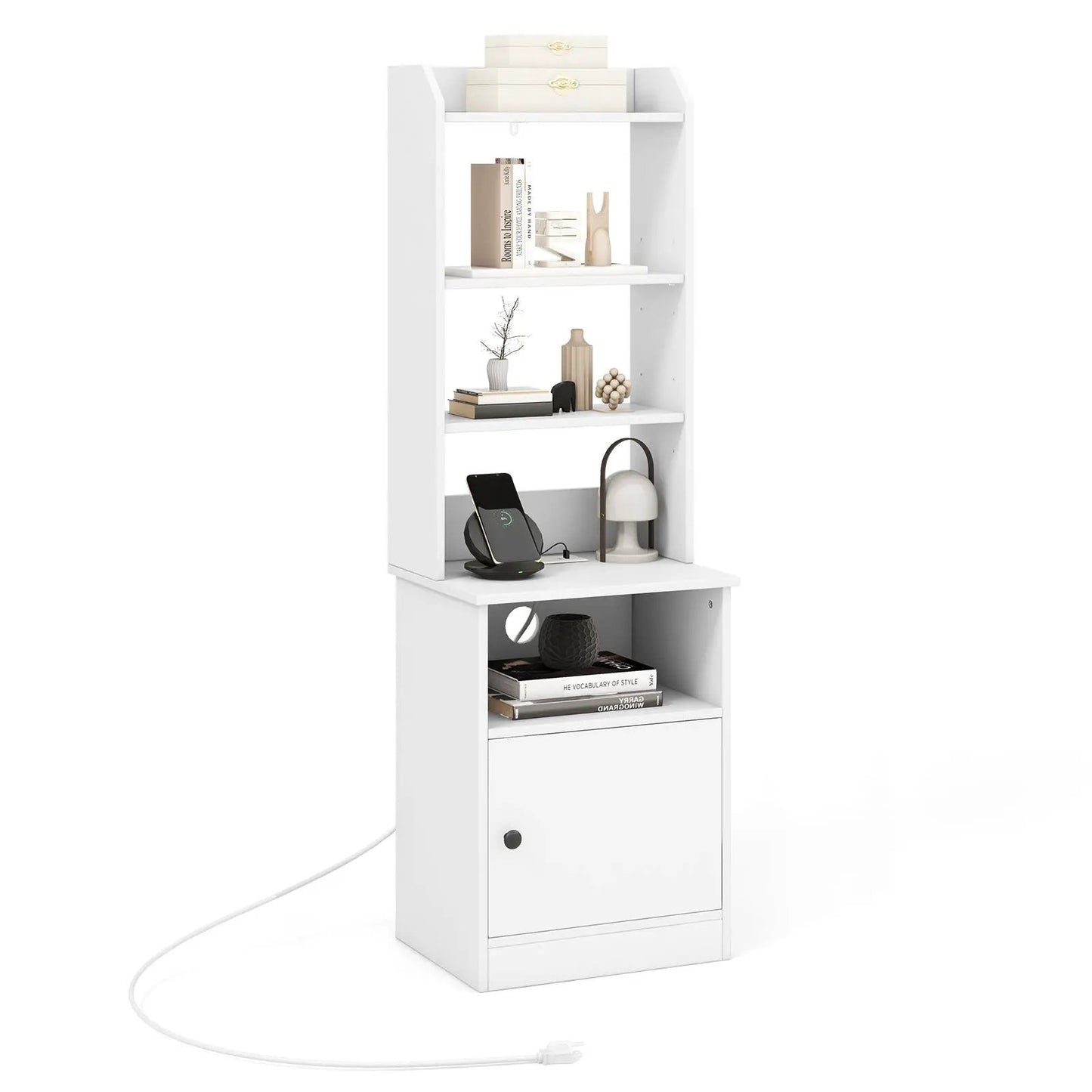 6-Tier Bookshelf Nightstand with Charging Station and Cabinet-Rustic Brown - Tampa Home & Garden Store