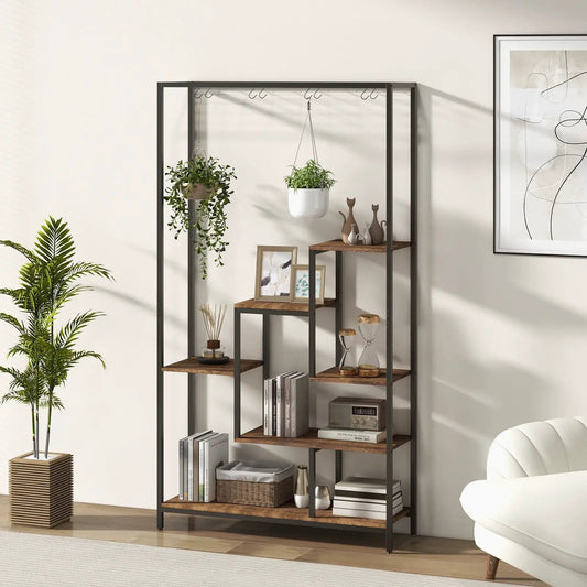 Tall 6-tier metal plant stand with 10 hooks, black frame and rustic brown shelves DirectDeals on Tampa Home & Garden Store