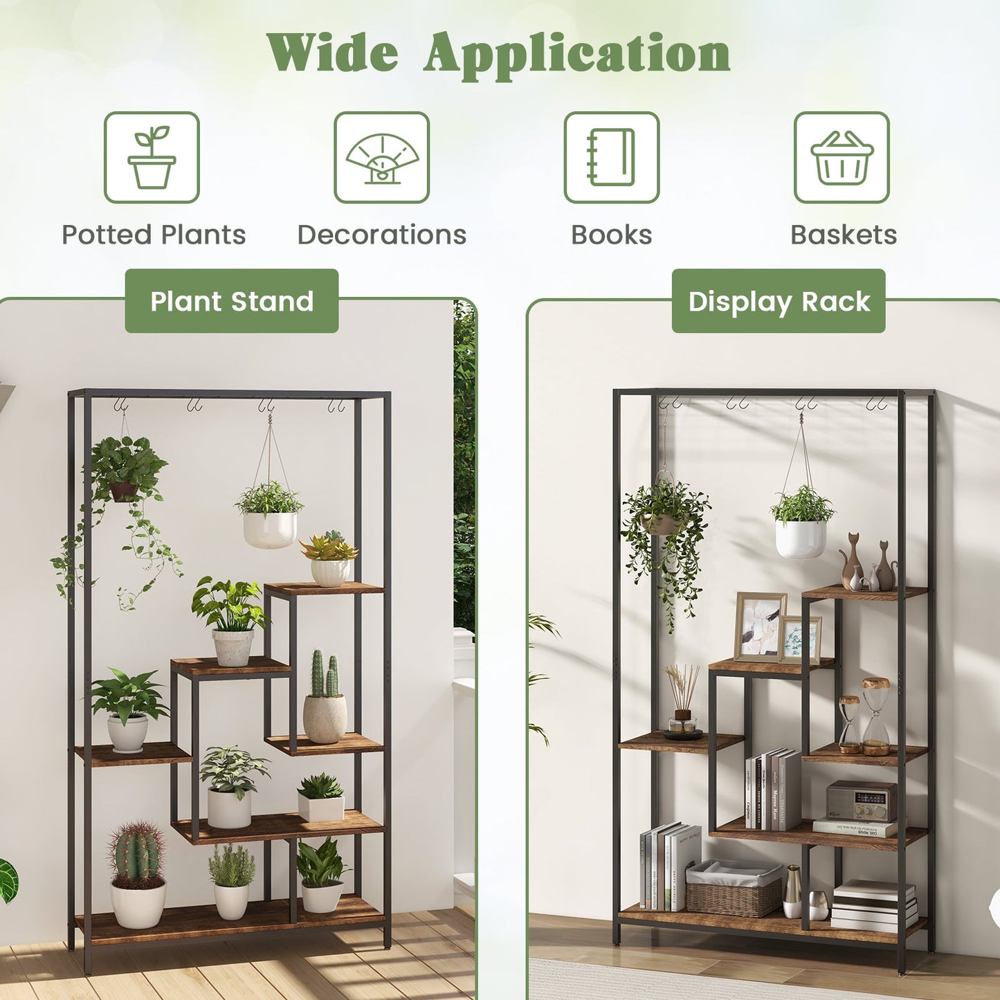 Estantería alta de metal para plantas de 6 niveles y 180 cm con 10 ganchos para colgar - Marrón rústico