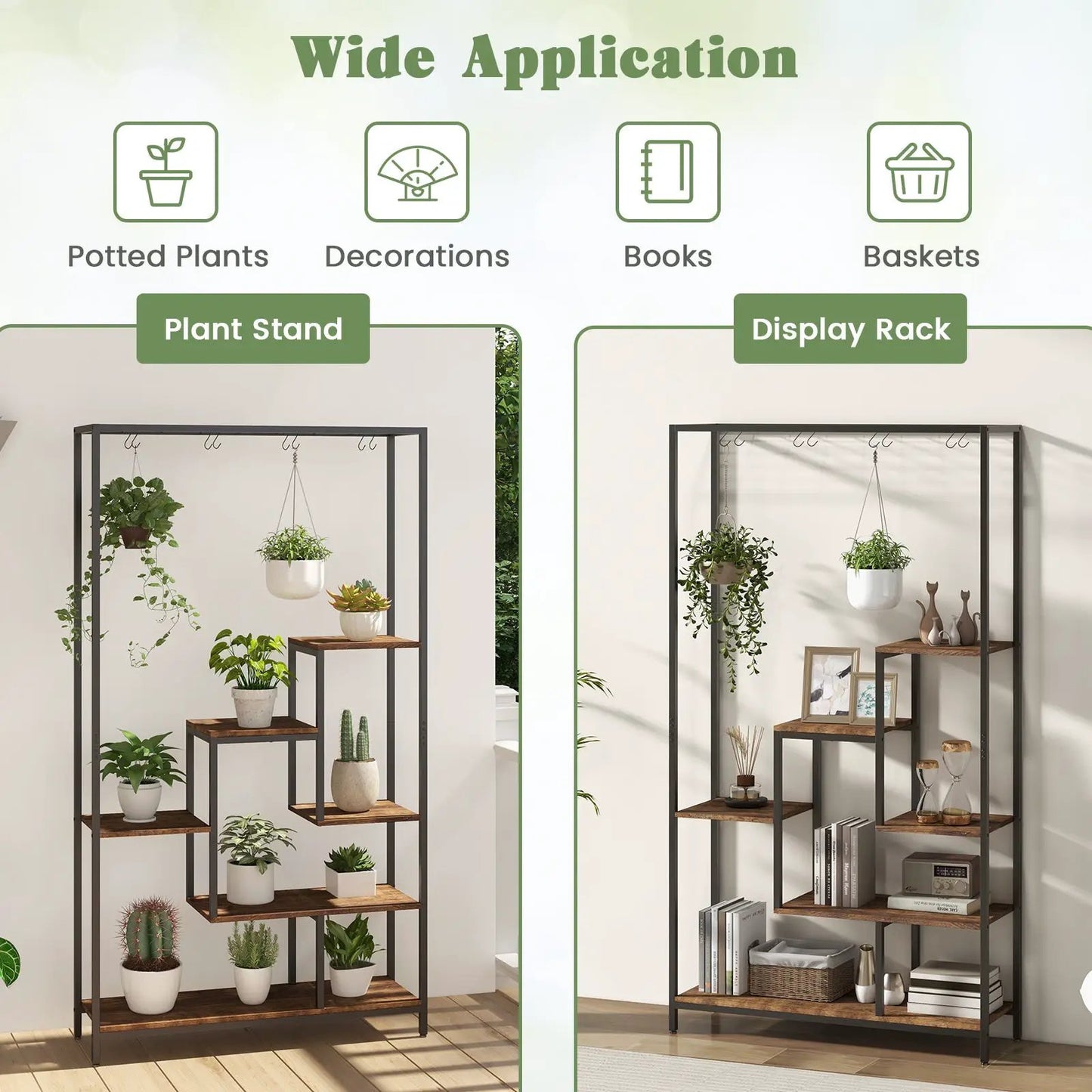 Two tall 6-tier metal plant stands with 10 hooks, black frame and wood shelves, with plants on Tampa Home & Garden Store