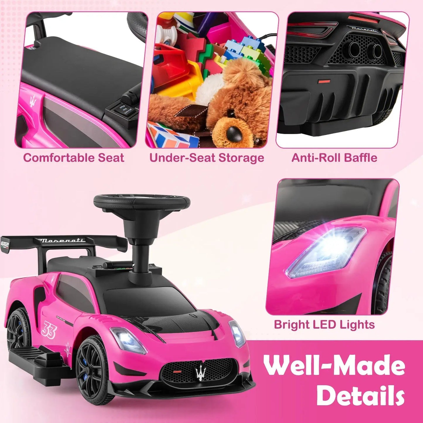Maserati Licensed Kids Ride-On Car 6V pink pedal with LED lights and steering wheel on Tampa Home & Garden Store