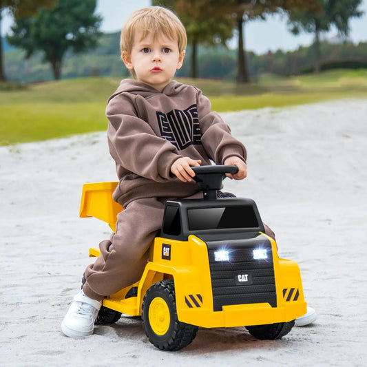6V Electric Caterpillar ride-on toy in yellow with CAT logo and headlights on Tampa Home & Garden Store
