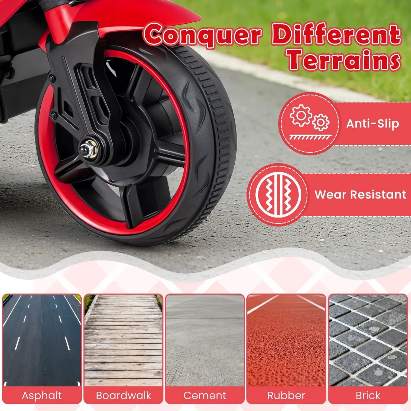 6V Kids Motorcycle DirectDeals red front wheel with black tire, electric riding vehicle on Tampa Home & Garden Store