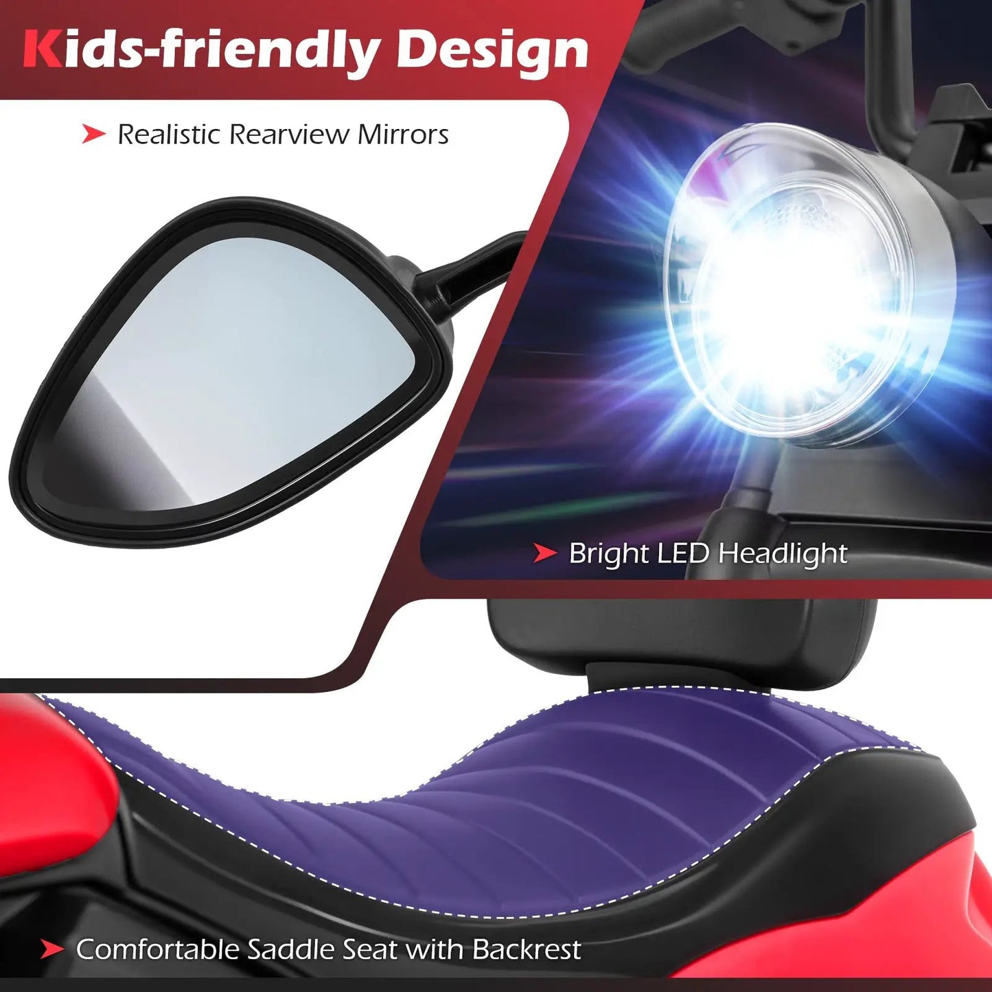 6V Kids Motorcycle headlight and training wheels with bright LED and rearview mirrors on Tampa Home & Garden Store