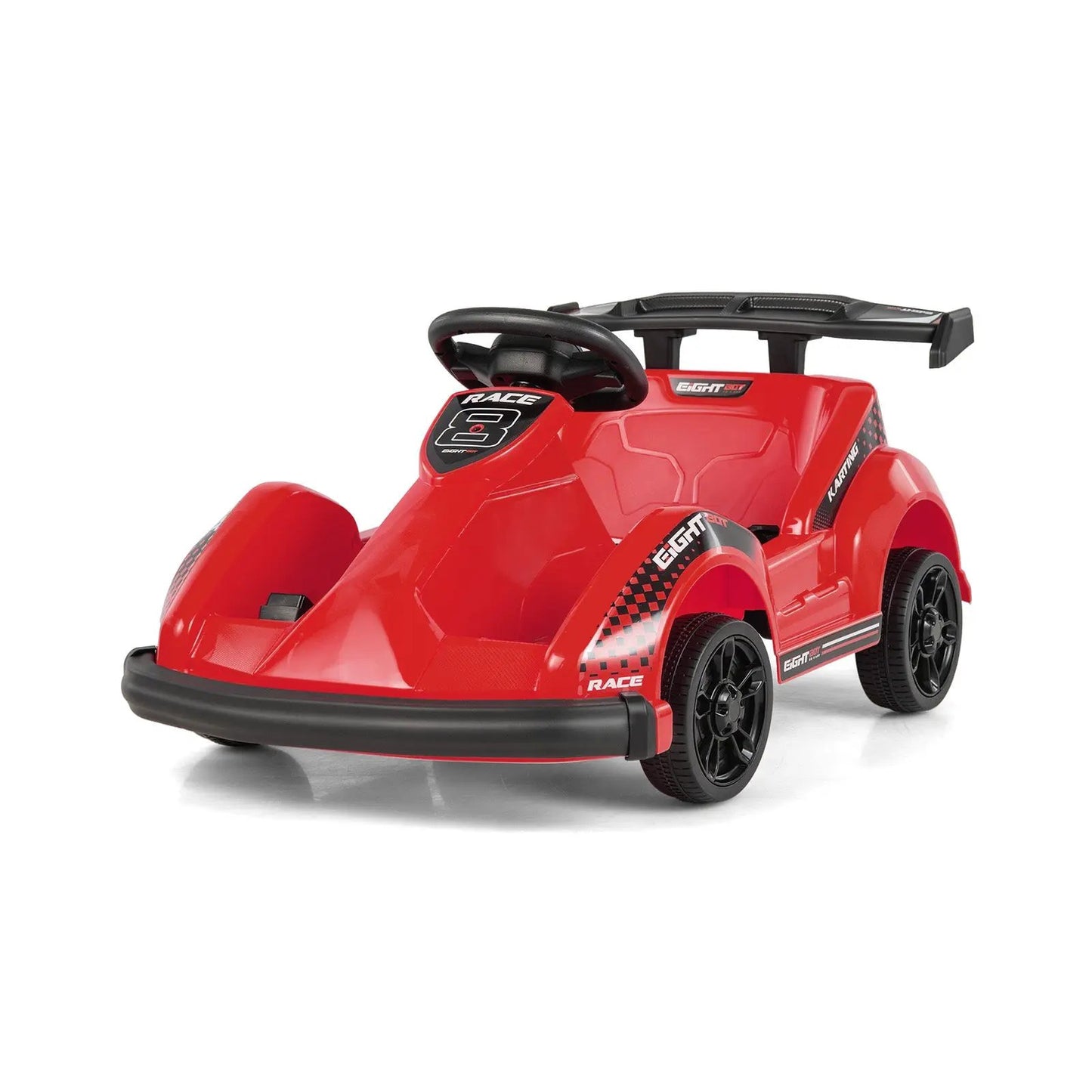 Red 6V kids ride-on go-cart with steering wheel and black bumper, racing decals on Tampa Home & Garden Store