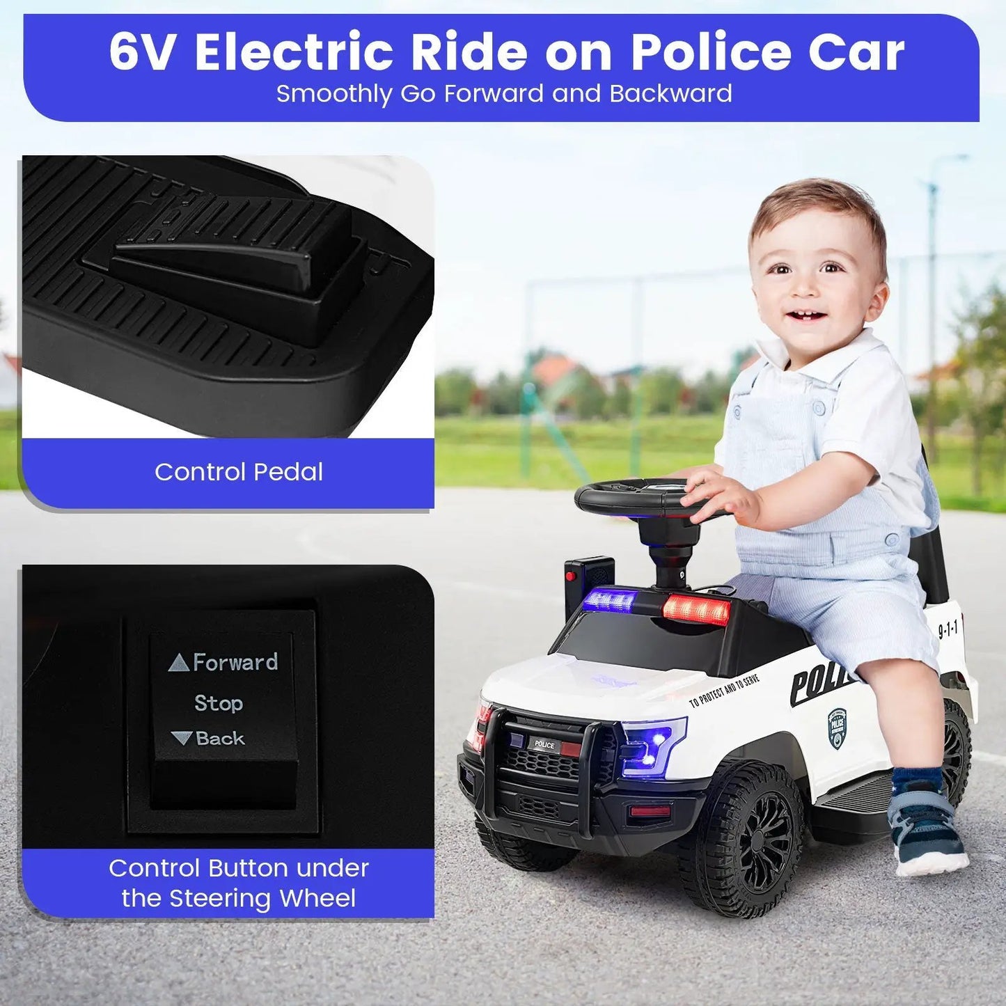 6V Kids Police Ride-On Car with Megaphone and Siren, white body, lights, DirectDeals on Tampa Home & Garden Store