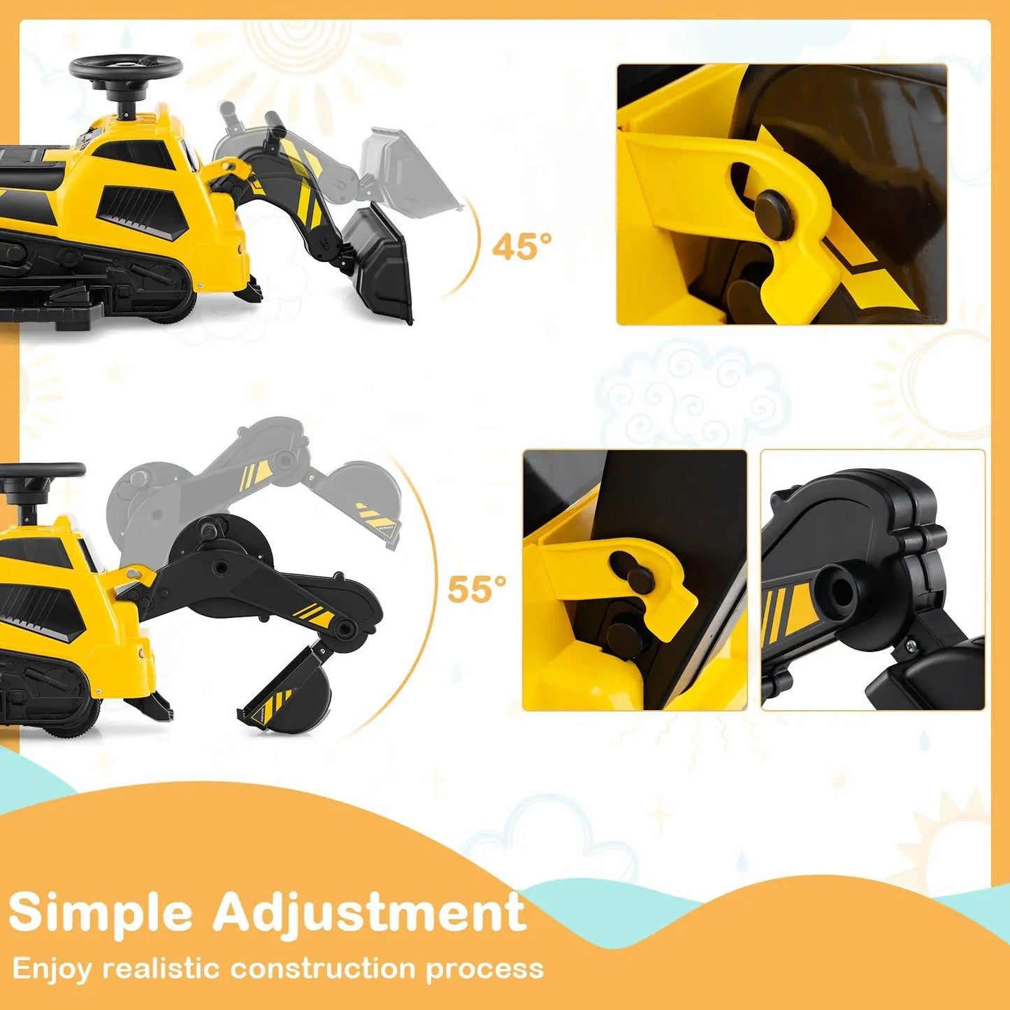 6V Ride on Tractor 3-in-1 Electric Excavator with Adjustable Arms and Music-Yellow - Tampa Home & Garden Store